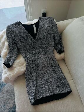 IRO Sparkling Silver Sequin V-Neck Mini Dress size eur 34 (XS) padded shoulders